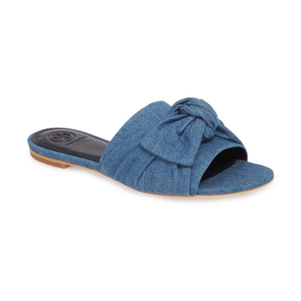 $280 TORY  BURCH  Annabelle Bow Slide Sandal FLAT SLIP ON DENIM CHAMBRAY 10